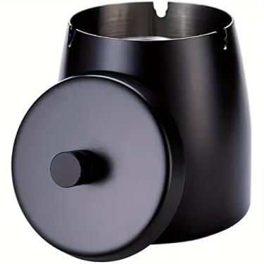 Imagem de Cinzeiro com tampa para cigarro, aço inoxidável, sem fumaça, inodoro, à prova de vento, cinzeiro para mesa de escritório em casa, pátio, varanda externa, preto