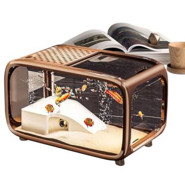 Imagem de Aquário pequeno - aquário de mesa com decoração de escalada - Recipiente de paisagem de acrílico transparente com orifício de alimentação para camarão betta, caracóis, tartarugas, animais