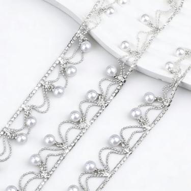 Imagem de Acabamento de franja de strass de 1 jarda de pérola, acabamento de corrente de pérolas de strass, corrente de diamante de cristal de prata pérolas com contas para costura, artesanato, casamento