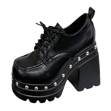 Imagem de Tênis feminino punk Mary Jane plataforma com corrente de laço rebite, casual, couro gótico, preto, bico redondo, salto grosso, jeans, saias para Halloween, viagem, festa, cosplay, encontros, - Estilo