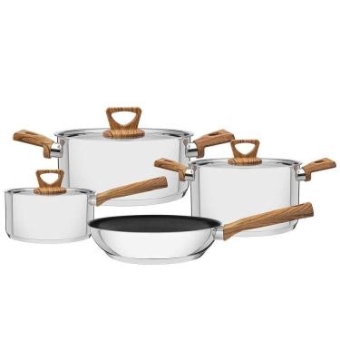 Imagem de Jogo De Panelas Tramontina 4 Peças Brava Antiad. Aço Inox Fundo Triplo Com Acab. Amadeirado 65300310