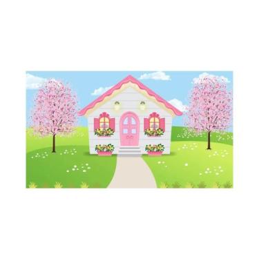 Imagem de Painel De Lona Casinha Rosa No Bosque - Fabrika de Festa, 150x100cm