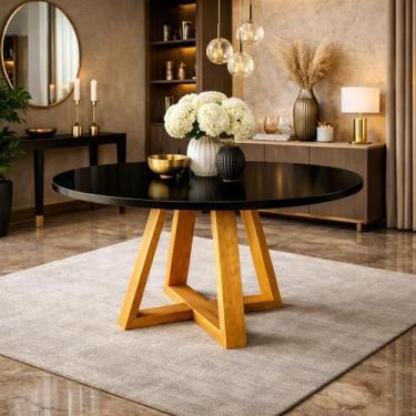 Imagem de Mesa de Jantar Redonda para 4 Lugares Pés Madeira Maciça Pérola Mel e 