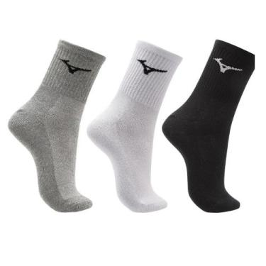 Imagem de Meias Mizuno Trimiz Kit 3 Pares Cano Médio, 33-38, Chumbo, Branco, Pre