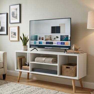 Imagem de Rack Retrô Branco Para Tv Home Estante 4 Nichos Pés Madeira