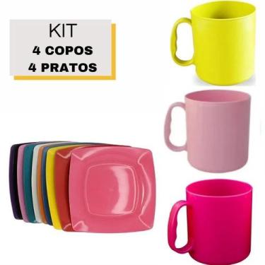 Imagem de Jogo 4 Pratos Quadrado Fundo 4 Copos Com Alça 450ml Plástico Cores 8 P