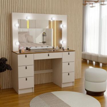Imagem de Penteadeira Camarim Yara 7 Gavetas com Espelho Off White/Freijó - Panorama Móveis