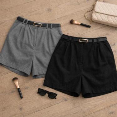 Imagem de Kit 2 Short Alfaiataria Plus Size Feminino Viscolinho Cintura Alta Com