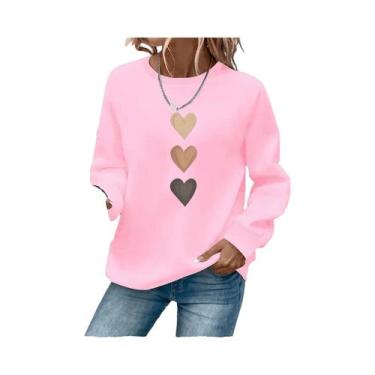 Imagem de Moletom Feminino Casual Com Estampa De Coração, Manga Longa, Gola Redo