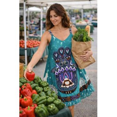 Imagem de Vestido Feminino Longo Plus Size Estampa Mão De Fátima Cor:VerdeTamanh
