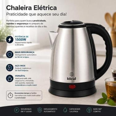 Imagem de Chaleira Elétrica Inox 1.8L Jarra Água Quente Rápida 1500W 220V Deslig