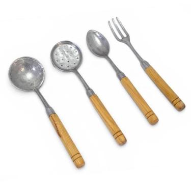 Imagem de Kit 4 Talheres Grandes Alumínio Churrasco Cabo Madeira - MK Utensílios