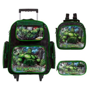 Imagem de Kit Mochila Escolar Menino Incrível Hulk Rodinha + Lancheira - Toys 2U