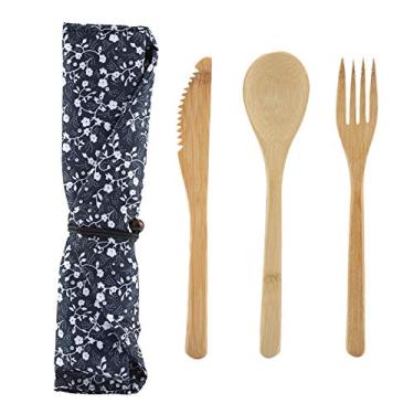 Imagem de Kit de louça de bambu estilo japonês, conjunto de jantar reutilizável e degradável, conjunto de talheres com garfo e colher