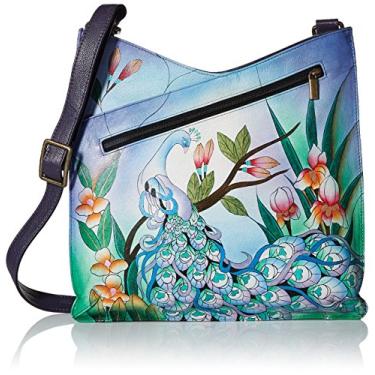 Imagem de Anna by Anuschka Bolsa tiracolo feminina de couro pintado à mão com decote em V, Pavão meia-noite, One Size