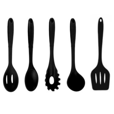 Imagem de Jogo Colheres Utensílios Silicone Maciço Preto 5 Peças