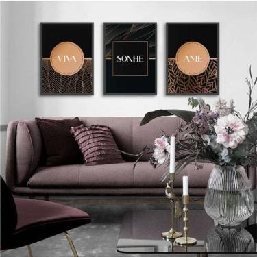 Imagem de Kit 3 Quadros Decorativos Viva, Sonhe, Ame - Rosê com Preto