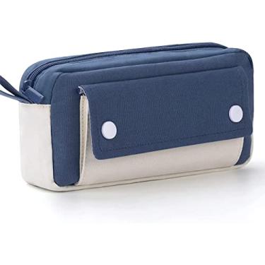 Imagem de Estojo de lápis, bolsa de lápis de grande capacidade, bolsa durável, suprimentos de diário portátil com alça fácil, bolsa simples de viagem de marcador, organizador estético de escritório escolar para meninas adultas (Marinha)