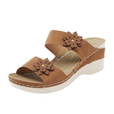 Imagem de Sandálias para mulheres chinelos casuais de verão para mulheres sapatos romanos casuais flores boca de peixe boho sandálias anabela, Marrom, 6.5