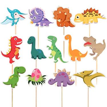 Imagem de 26 peças de suprimentos de festa de dinossauro topos de cupcake, decoração de bolo de cozimento, decorações de dinossauro para meninos crianças aniversário chá de bebê bolo de festa