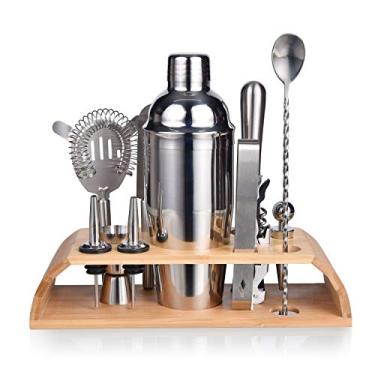 Imagem de Kit de Bartender, conjunto de coqueteleira de 12 peças com suporte de bambu estável – Kit perfeito para bar de bebidas mistas, conjunto de ferramentas de bar de Martini de aço inoxidável