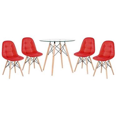Imagem de Loft7 Home Decor, Kit Mesa de Vidro Eames 80 cm + 4 Cadeiras Eames Botonê - Vermelho