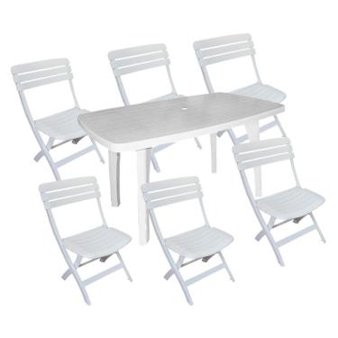Imagem de Conjunto de Mesa de Plástico Retangular Desmontável Tiradentes com 6 Cadeiras Dobrável Diamantina Branco