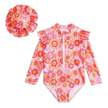 Imagem de Mercatoo Biquíni de praia com estampa floral de manga comprida para meninas, 1 peça, roupa de banho, biquíni com chapéu para duas crianças, rosa, 2-3 Anos