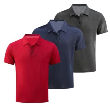 Imagem de 3 peças/conjunto de malha confortável camisa masculina elástica manga curta lapela golfe camiseta verão ao ar livre, presente para homens, Vermelho + azul marinho + cinza escuro, XXG