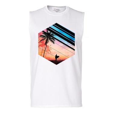 Imagem de Camiseta masculina Surfer Paradise Muscle Vintage Ocean Summer Surfing Wave Vacation Sea Beach Surfboard Peddle Boarding, Branco, XXG