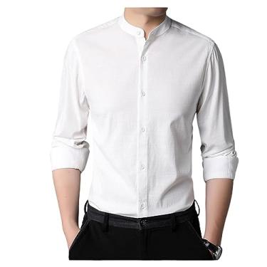 Imagem de Camisa social masculina de manga comprida lisa, com botões, respirável, confortável, leve, Branco, 3G