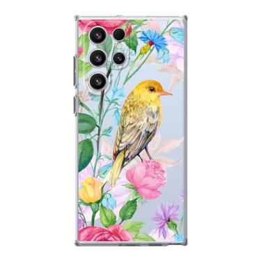 Imagem de Blingy's Capa para Samsung Galaxy S24 Ultra, design de pássaro floral fofo estilo animal capa transparente macia TPU transparente transparente transparente 6,8 polegadas (pássaro amarelo com flores)