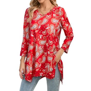 Imagem de ENMAIN Túnicas femininas manga 3/4 comprimento plus size tops longos para usar com leggings casual solto ajuste elegante blusas soltas, Vermelho - 2, 3G