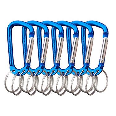 Imagem de Chaveiro com clipe de mosquetão VictorsHome de liga de alumínio em forma de D, gancho com clipe multifuncional com 3 chaveiros, pacote com 6, Azul