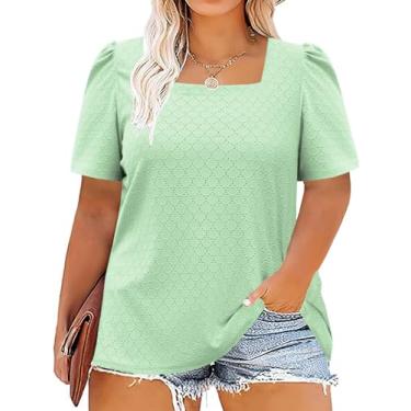 Imagem de ROSRISS Camisetas femininas plus size de verão bufante manga curta camisetas de gola quadrada lindas túnicas com ilhós, 03_verde menta, 5XG
