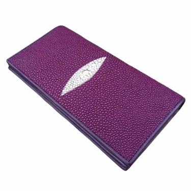 Imagem de Bolsa de mão fina fina estilo unissex autêntica Stingray Skin feminina masculina fina carteira dobrável para cartão de couro genuíno feminino masculino, Roxa, Lazer