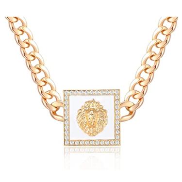 Imagem de Colar Hip Hop Basketball Wives com cabeça de leão feminino corrente grossa pingente punk fantasia bijuteria coquetel, Banhado a ouro, Sem Pedra Preciosa