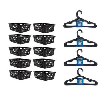 Imagem de Kit 10 Cesto Organizador 16x12x6Cm Preto +20 Cabide Infantil 123Organi