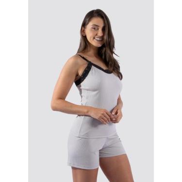 Imagem de Pijama Feminino Curto Baby Doll Canelado Renda - DILUXO, G, Cinza