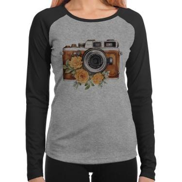 Imagem de Baby Look Raglan Máquina Fotográfica Vintage e Flores Manga Longa - Fo