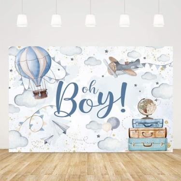 Imagem de Ticuenicoa 1,5 x 0,9 m Tema Aventura Chá de Bebê Pano de Fundo Azul Avião Up Up And Away Boys Party Background Oh Boy Decorações de Chá de Bebê Recém-nascido Mesa de Bolo Recém-nascido Suprimentos
