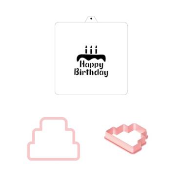 Imagem de Conjunto de estêncil e cortador de biscoito de bolo de aniversário, conjunto de estênceis e cortadores de panificação, kit de decoração de padaria, cortador de biscoito com estêncil, estêncil de