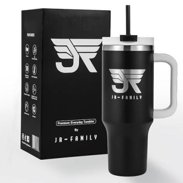 Imagem de JR-FAMILY Copo de 1,134 g com alça e canudo – Copo isolado de parede dupla – Garrafa de água de aço inoxidável livre de BPA Caneca de viagem para carro porta-copos amigável com alça ergonômica (preto