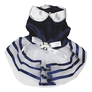 Imagem de Petitebella Vestido de cachorro com flores e listras brancas azuis (grande)