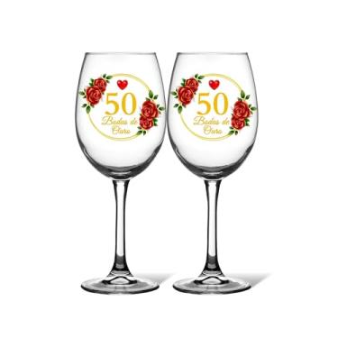 Imagem de Kit 2 Taças De Vinho 465ml Vidro Personalizada Bodas De Ouro 50 Anos Casamento Celebração Presente Casal Luxo Taça Decorativa