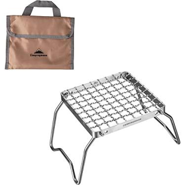 Imagem de Campingmoon Grelha portátil de aço inoxidável 304 dobrável para acampamento sobre fogão a gás churrasqueira com pernas e bolsa de transporte