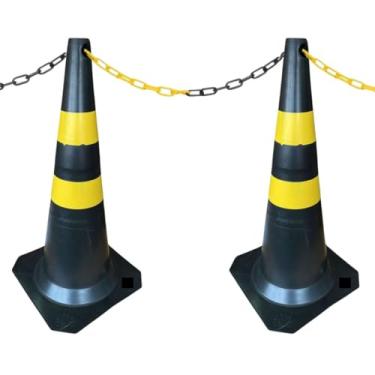 Imagem de 2 Cones de Sinalização para Estacionamento 75cm e 2m de Corrente de Isolamento (Preto e Amarelo)