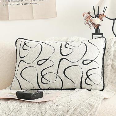 Imagem de Jonhier Capa de almofada branca e preta texturizada abstrata, fronha lombar minimalista geométrica para sofá cama, capa moderna neutra de chenille boucle para sala de estar, quarto, 30,5 x 50,8 cm, 1