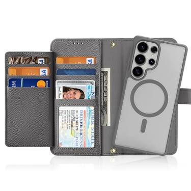 Imagem de POYUFRG Capa magnética para Samsung Galaxy S25 Ultra/S25 Plus/S25, capa carteira destacável de alta capacidade de couro legítimo, cinza, S25