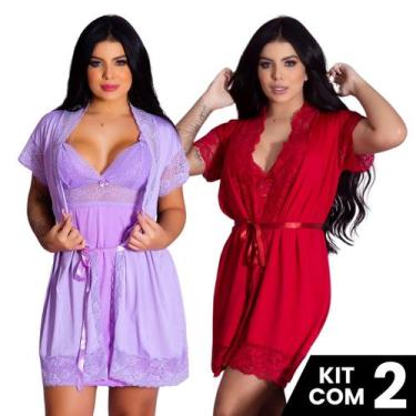 Imagem de Kit 2 Robes Roupão e 2 Camisolas Amamentação Pós Parto Liso Com Renda 